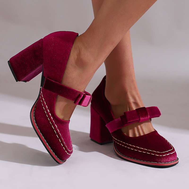 Alessia | Women Velvet Block Heel Loafers With Bow Detail