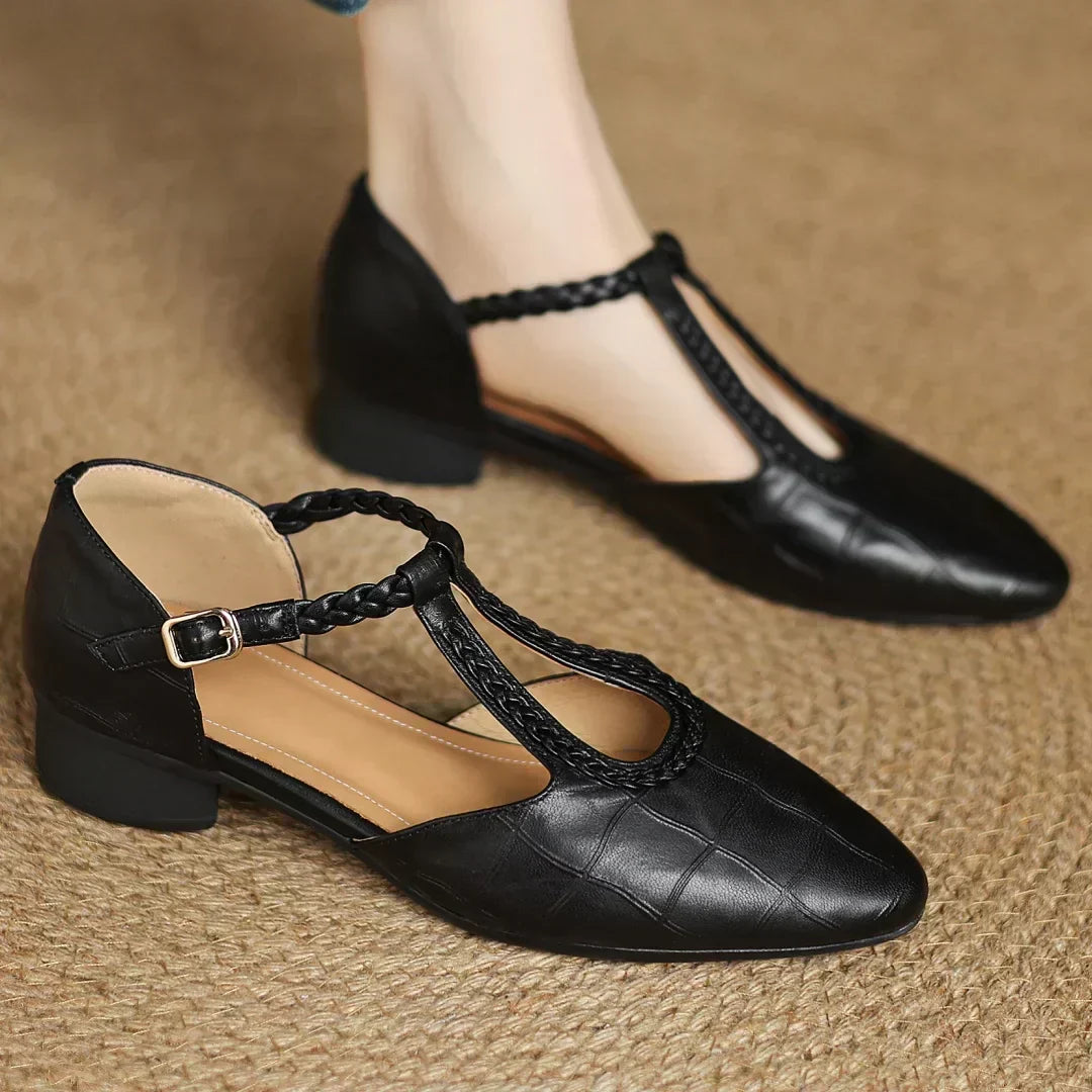 Beatrix | Women Leather Mary Janes With T Strap Metal Buckle Rounded Toe And Flat Heel For Everyday Wear