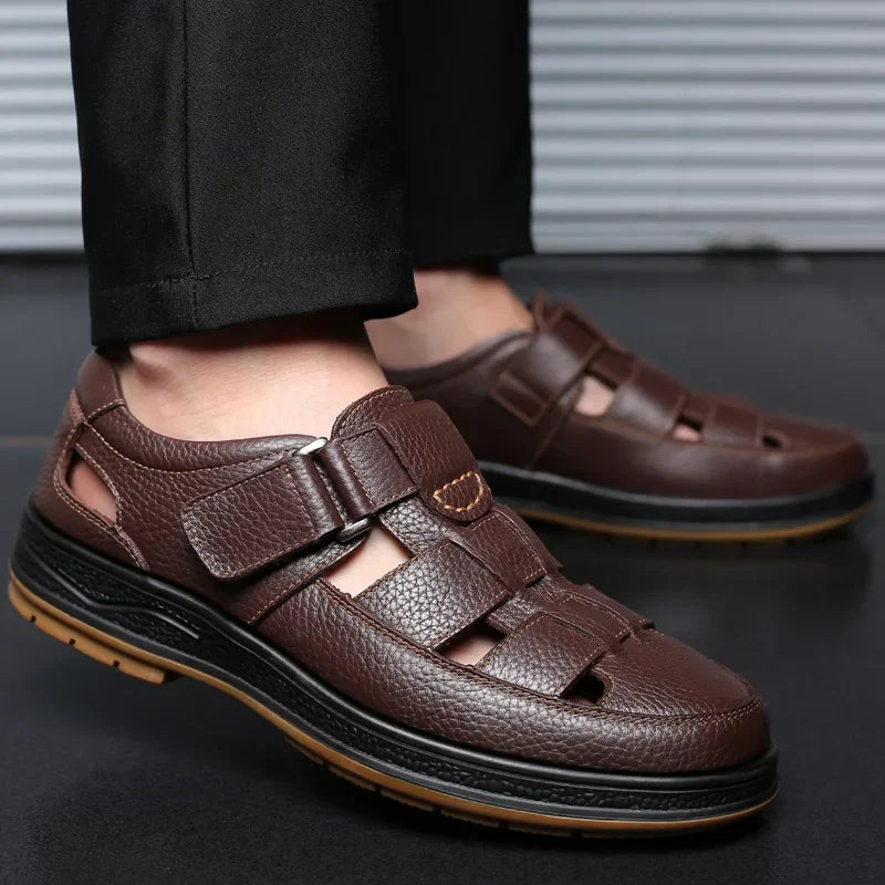 Caldwell | Men Leather Sandals With Cutout Design Adjustable Strap And Cushioned Sole For Summer