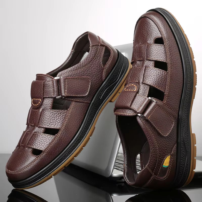 Caldwell | Men Leather Sandals With Cutout Design Adjustable Strap And Cushioned Sole For Summer