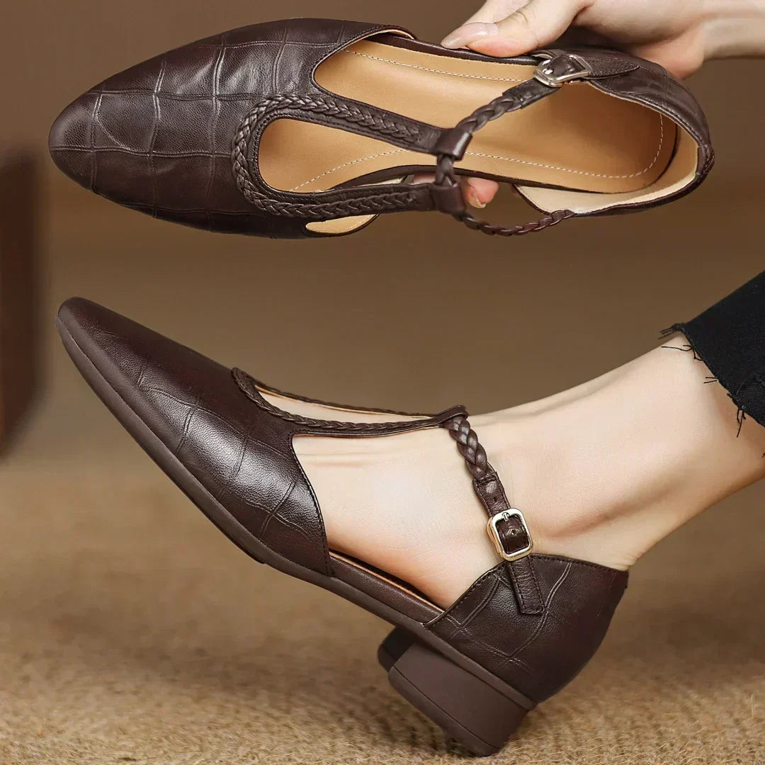 Beatrix | Women Leather Mary Janes With T Strap Metal Buckle Rounded Toe And Flat Heel For Everyday Wear