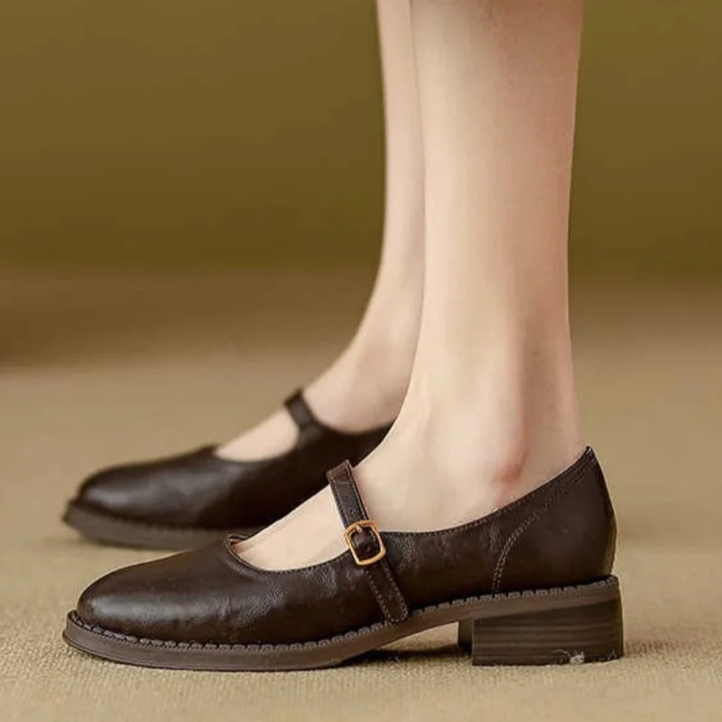 Imogen | Women Leather Mary Janes With Adjustable Strap Cushioned Insole And Low Block Heel For Everyday Wear