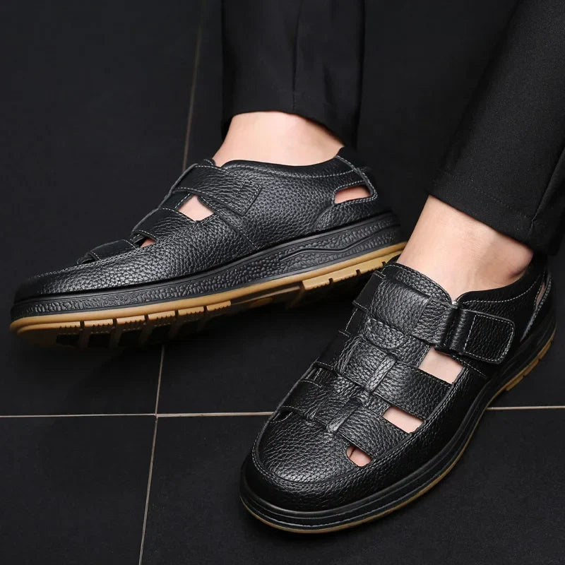 Caldwell | Men Leather Sandals With Cutout Design Adjustable Strap And Cushioned Sole For Summer