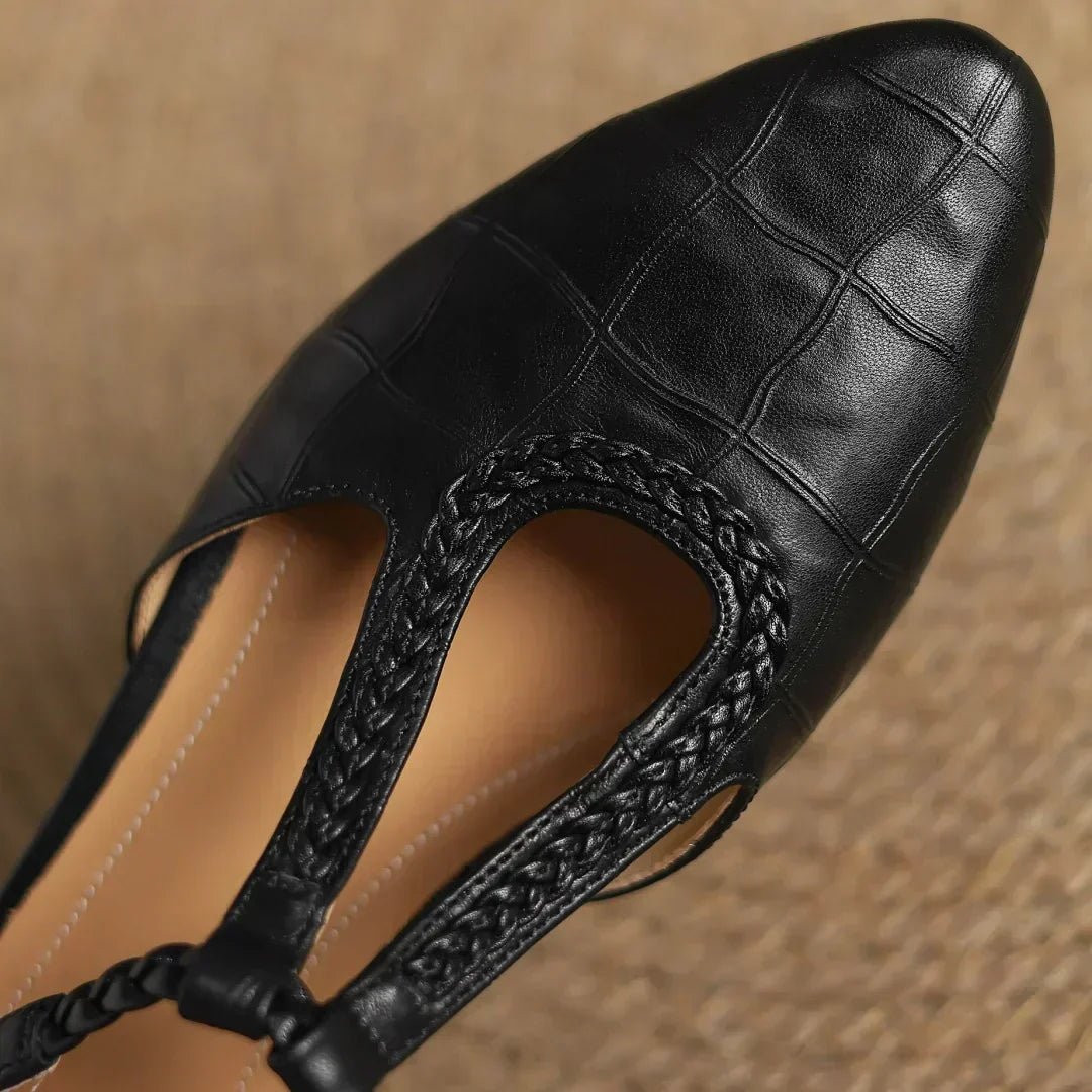 Beatrix | Women Leather Mary Janes With T Strap Metal Buckle Rounded Toe And Flat Heel For Everyday Wear