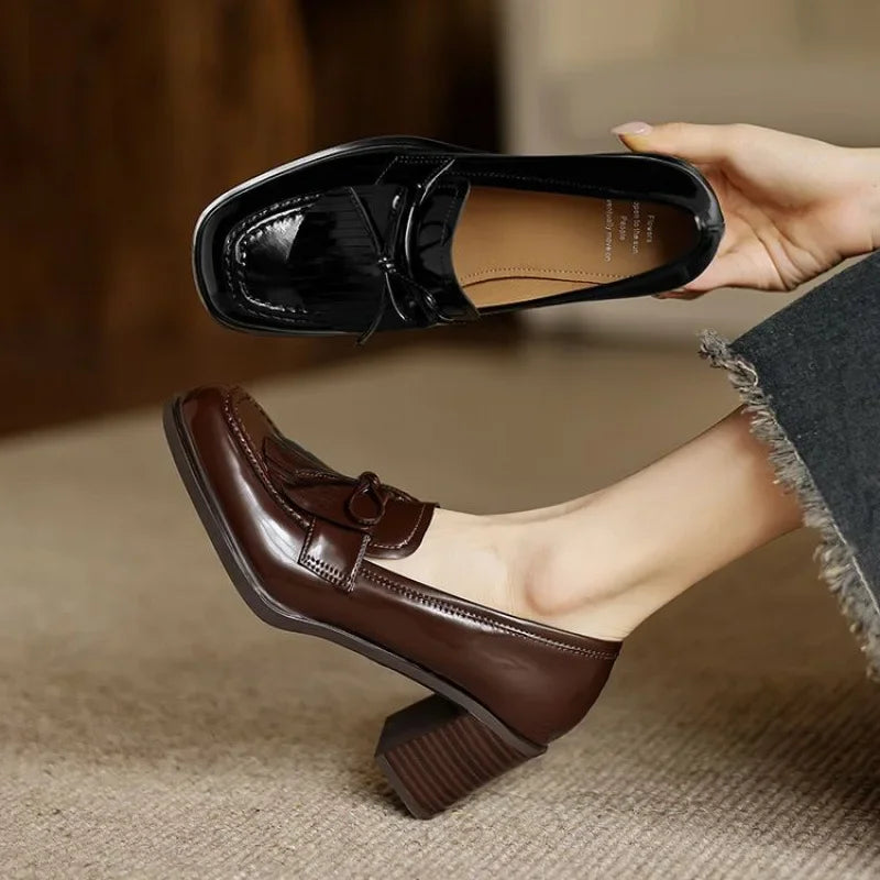 Dorothy | Women Leather Loafer Pumps With Tassel Accent Block Heel Rubber Sole And Rounded Toe For Work