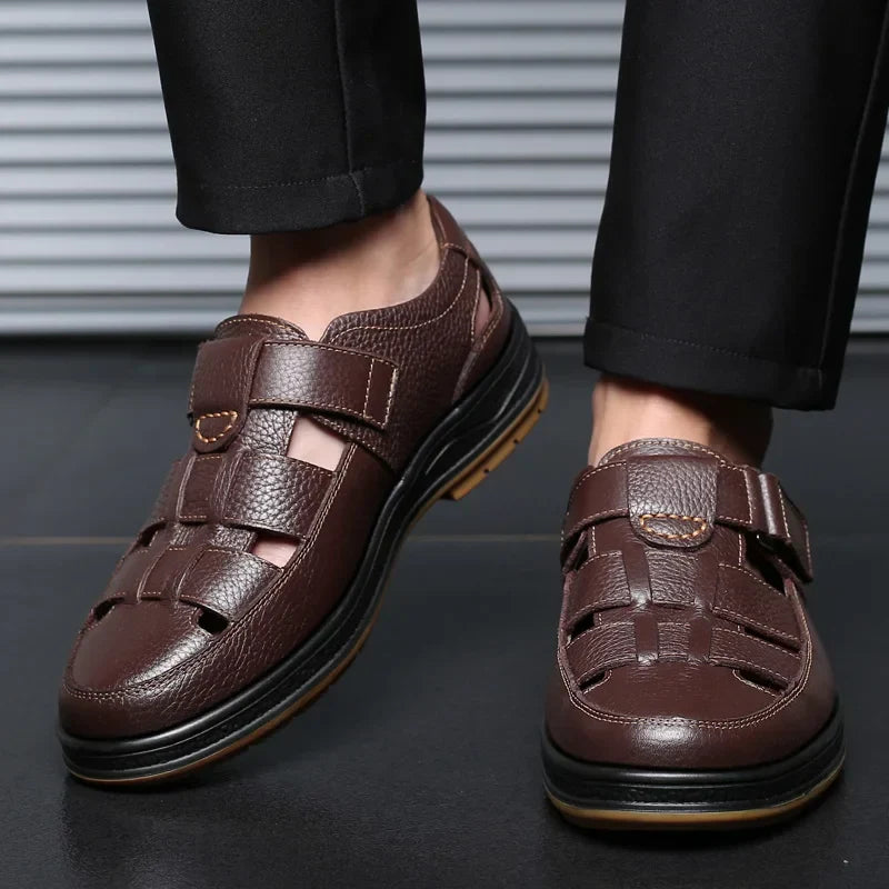 Caldwell | Men Leather Sandals With Cutout Design Adjustable Strap And Cushioned Sole For Summer
