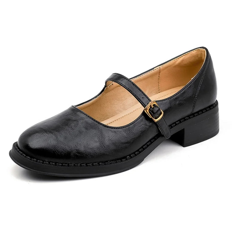 Imogen | Women Leather Mary Janes With Adjustable Strap Cushioned Insole And Low Block Heel For Everyday Wear
