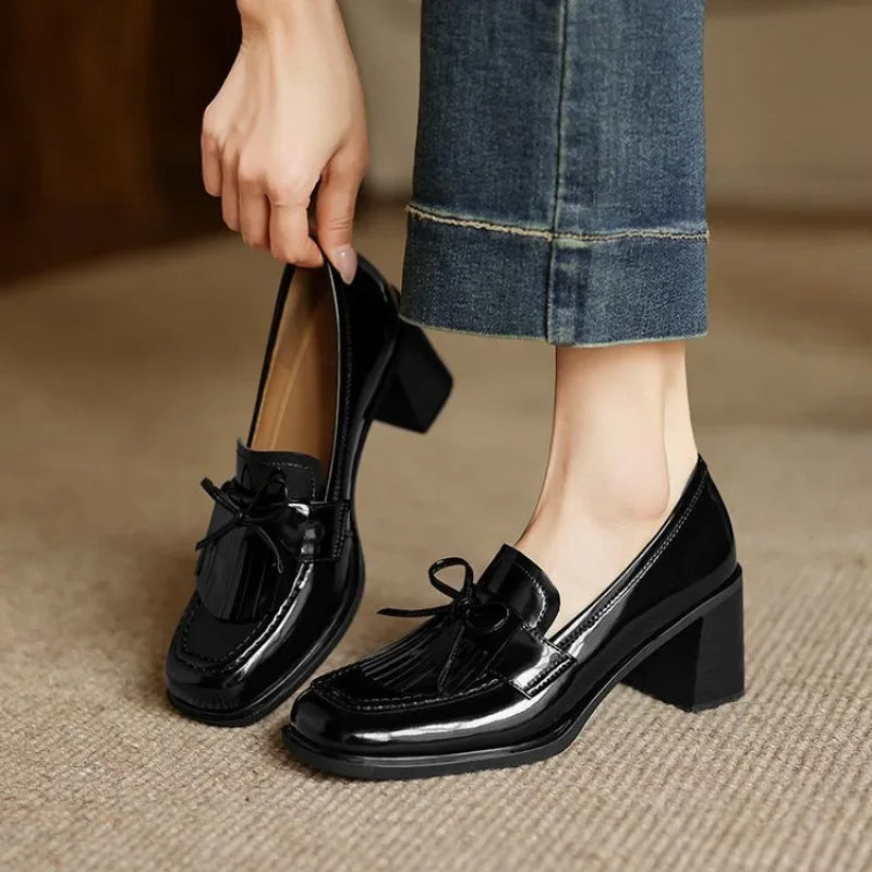 Dorothy | Women Leather Loafer Pumps With Tassel Accent Block Heel Rubber Sole And Rounded Toe For Work
