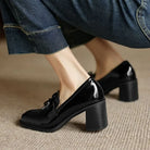 Dorothy | Women Leather Loafer Pumps With Tassel Accent Block Heel Rubber Sole And Rounded Toe For Work