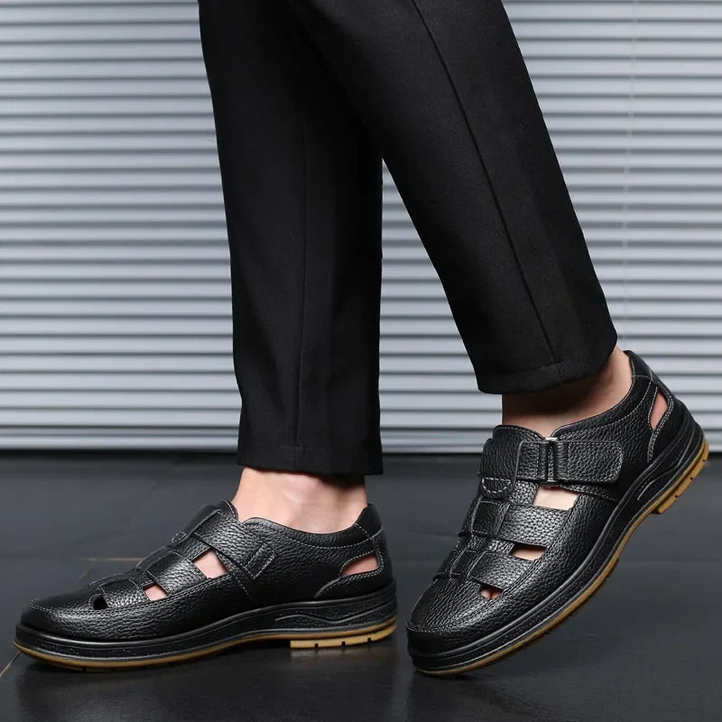 Caldwell | Men Leather Sandals With Cutout Design Adjustable Strap And Cushioned Sole For Summer