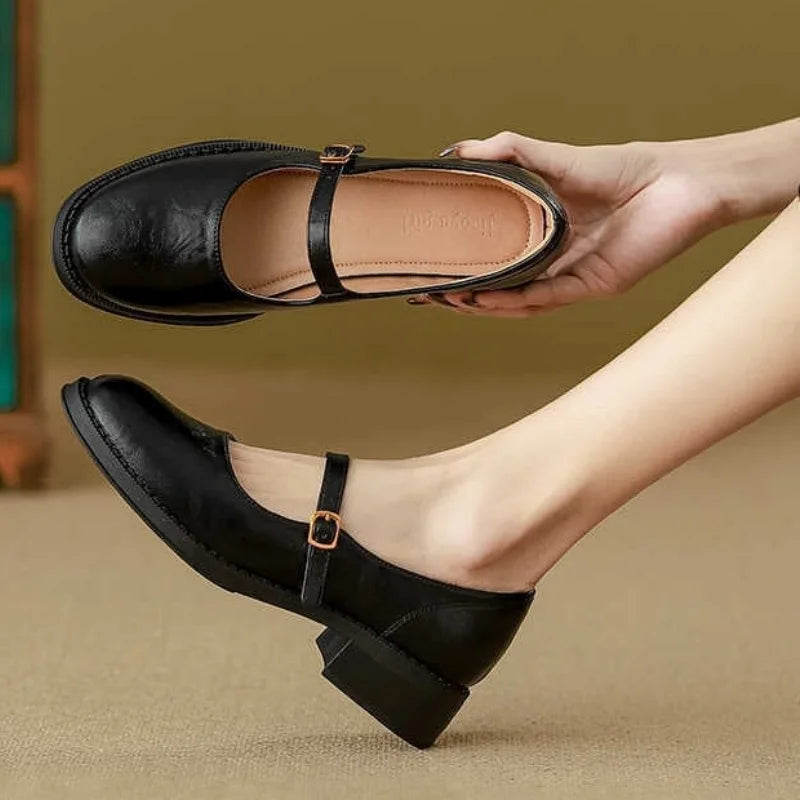 Imogen | Women Leather Mary Janes With Adjustable Strap Cushioned Insole And Low Block Heel For Everyday Wear