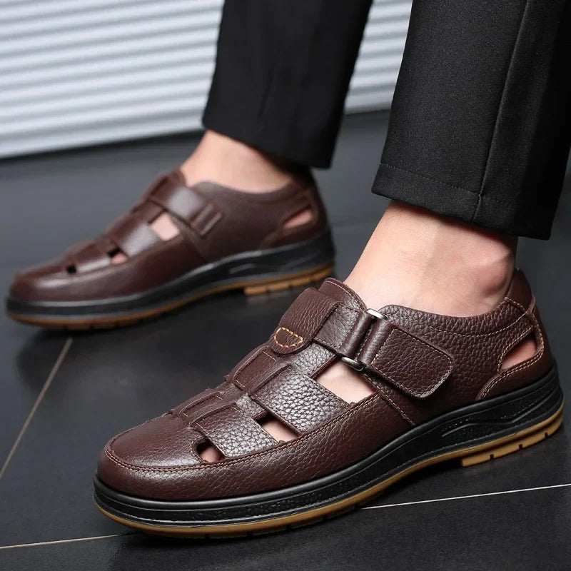 Caldwell | Men Leather Sandals With Cutout Design Adjustable Strap And Cushioned Sole For Summer