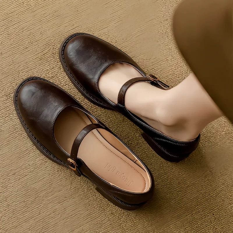 Imogen | Women Leather Mary Janes With Adjustable Strap Cushioned Insole And Low Block Heel For Everyday Wear
