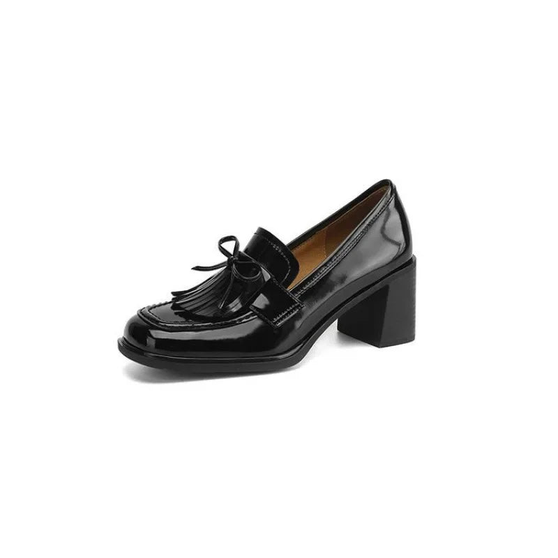 Dorothy | Women Leather Loafer Pumps With Tassel Accent Block Heel Rubber Sole And Rounded Toe For Work