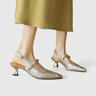 Seraphyane | Women Floral Jacquard Kitten Heels With Pearl Strap And Polished Metal Accents For Wedding Guest