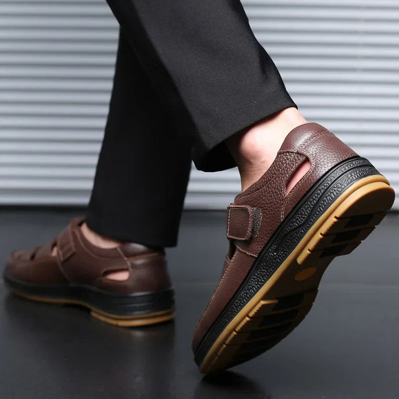 Caldwell | Men Leather Sandals With Cutout Design Adjustable Strap And Cushioned Sole For Summer