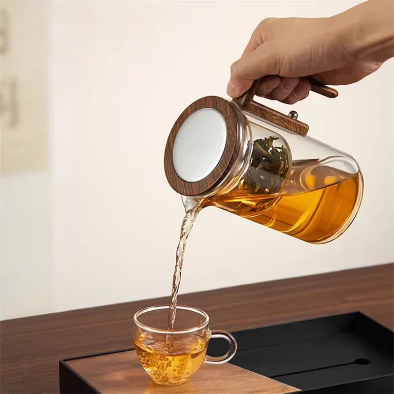 Borosilicate Teapot with Stainless Steel Infuser and Natural Wood Handle for Tea Enjoyment