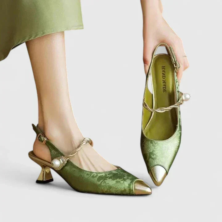 Seraphyane | Women Floral Jacquard Kitten Heels With Pearl Strap And Polished Metal Accents For Wedding Guest