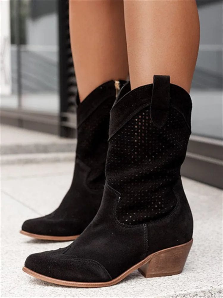 Taren | Women Cowboy Boots With Perforated Panels Mid Block Heel Cushioned Insole And Side Zipper For Autumn