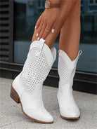 Taren | Women Cowboy Boots With Perforated Panels Mid Block Heel Cushioned Insole And Side Zipper For Autumn