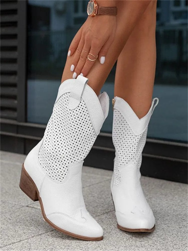 Taren | Women Cowboy Boots With Perforated Panels Mid Block Heel Cushioned Insole And Side Zipper For Autumn