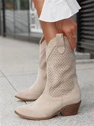 Taren | Women Cowboy Boots With Perforated Panels Mid Block Heel Cushioned Insole And Side Zipper For Autumn