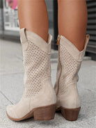 Taren | Women Cowboy Boots With Perforated Panels Mid Block Heel Cushioned Insole And Side Zipper For Autumn