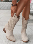 Taren | Women Cowboy Boots With Perforated Panels Mid Block Heel Cushioned Insole And Side Zipper For Autumn