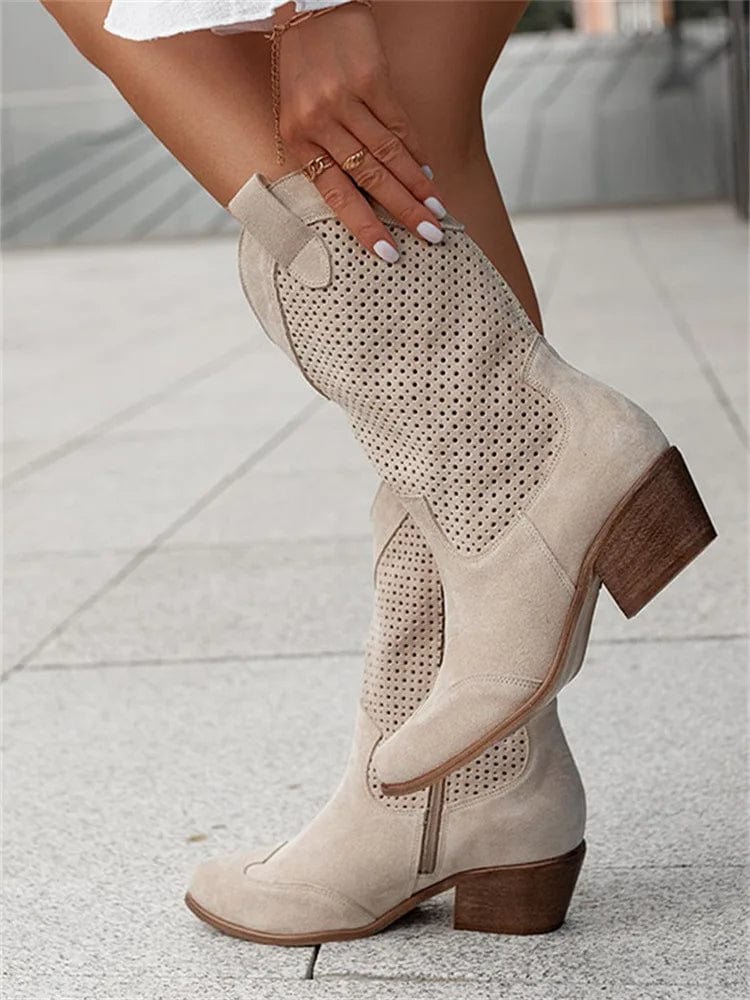 Taren | Women Cowboy Boots With Perforated Panels Mid Block Heel Cushioned Insole And Side Zipper For Autumn