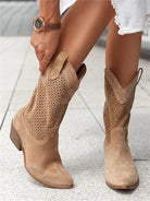 Taren | Women Cowboy Boots With Perforated Panels Mid Block Heel Cushioned Insole And Side Zipper For Autumn