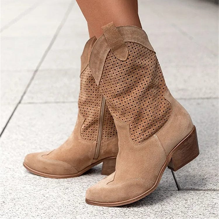 Taren | Women Cowboy Boots With Perforated Panels Mid Block Heel Cushioned Insole And Side Zipper For Autumn