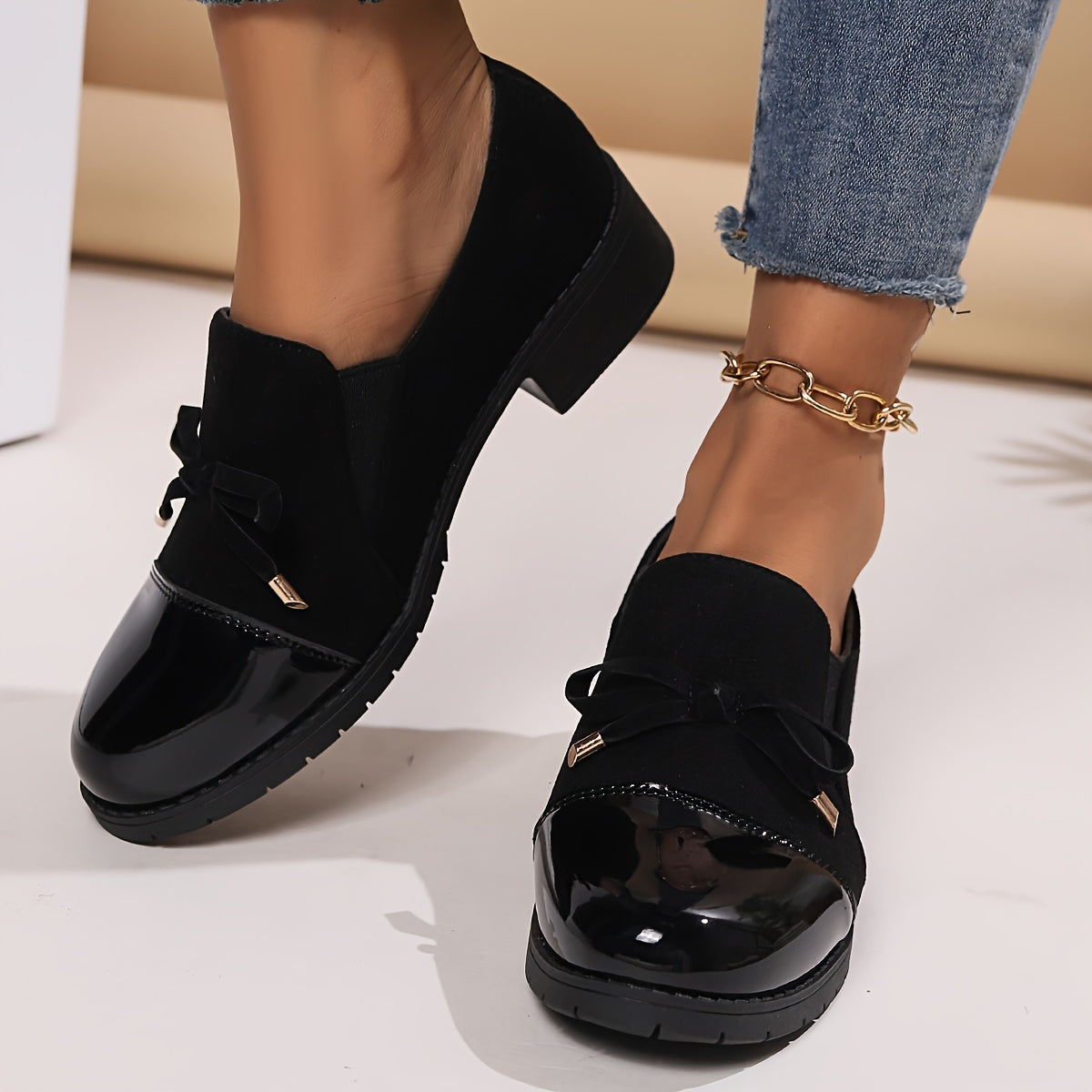 Margot | Women Loafers With Low Heel Bow Detail And Glossy Toe Cap For Office Days Or Everyday Wear