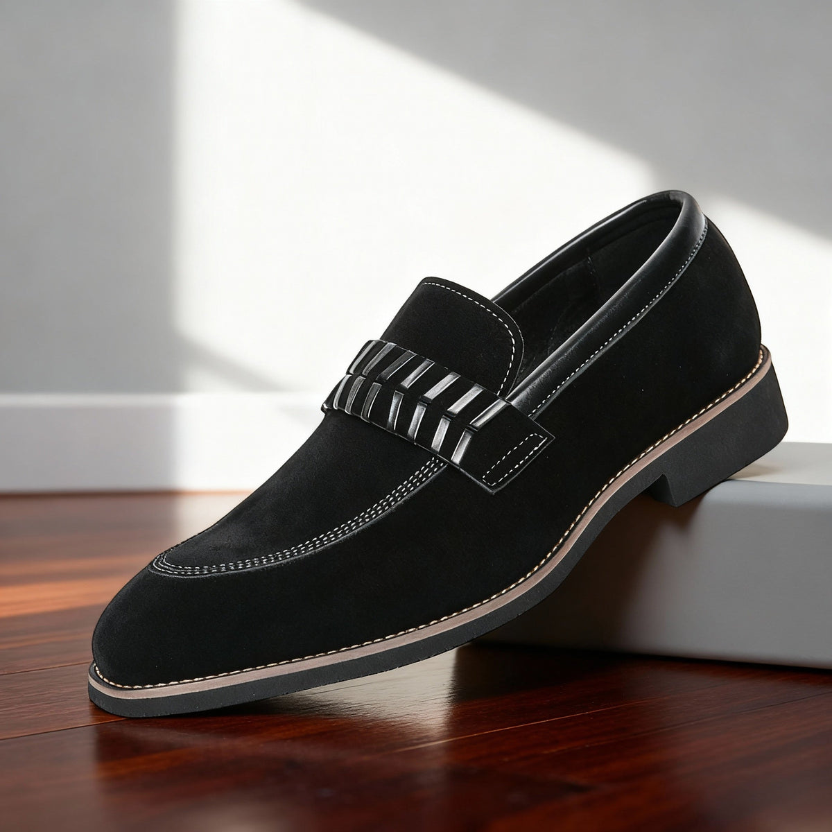 Moreno | Men Italian Loafers With Padded Collar Stitched Strap Detail Layered Heel Block And Grip Sole For Tailoring