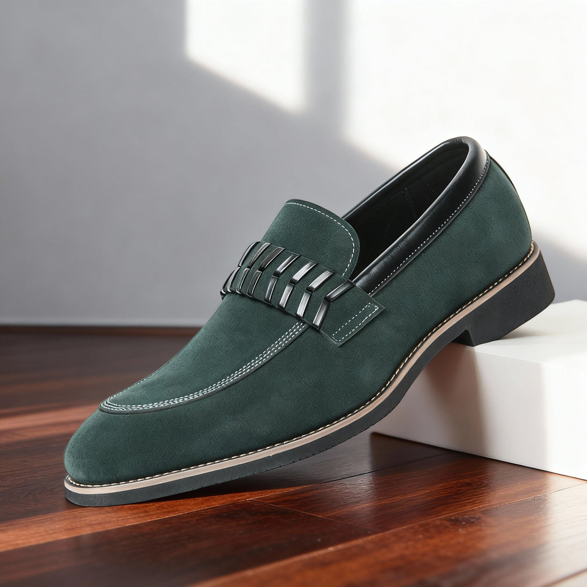 Moreno | Men Italian Loafers With Padded Collar Stitched Strap Detail Layered Heel Block And Grip Sole For Tailoring
