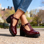 Daisy | Women Patent Brogue T Strap Loafers With Platform Sole