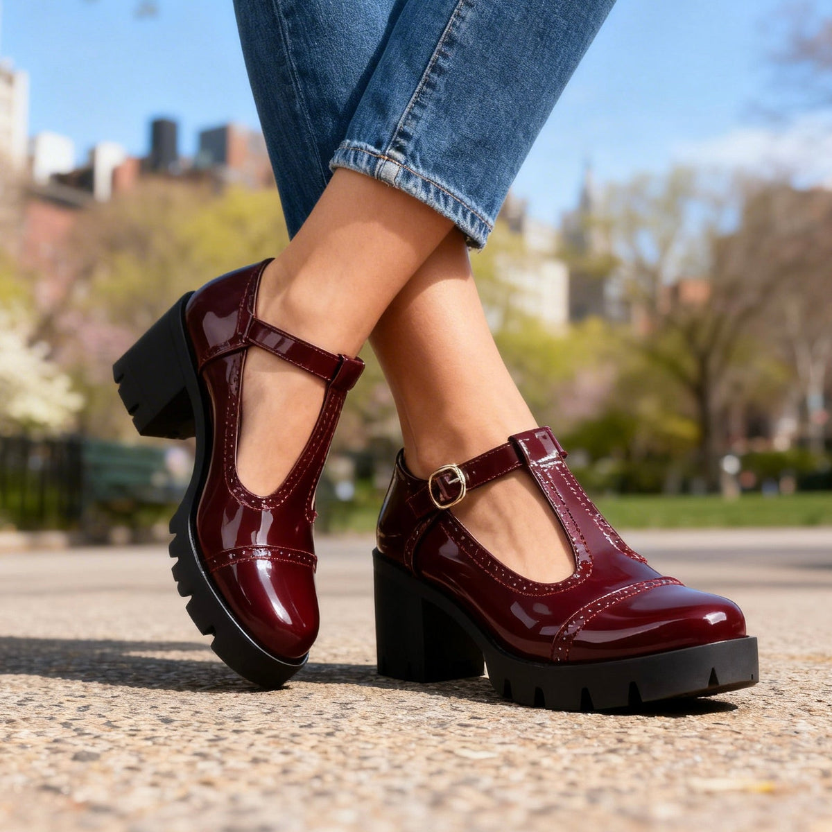 Daisy | Women Patent Brogue T Strap Loafers With Platform Sole