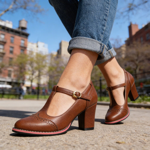 Abigail | Women Brogue T Strap Loafers With Block Heel