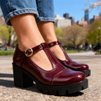 Daisy | Women Patent Brogue T Strap Loafers With Platform Sole