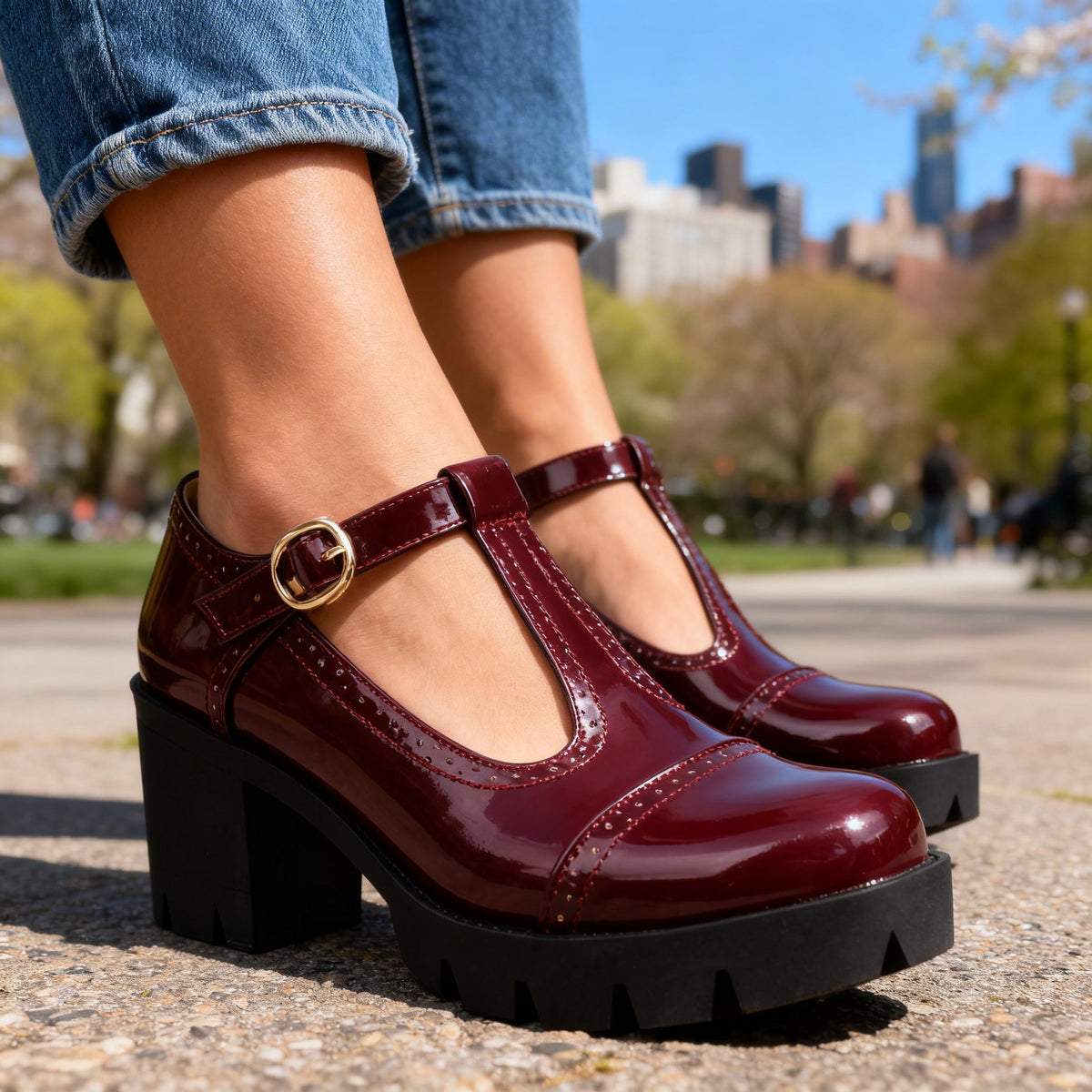 Daisy | Women Patent Brogue T Strap Loafers With Platform Sole