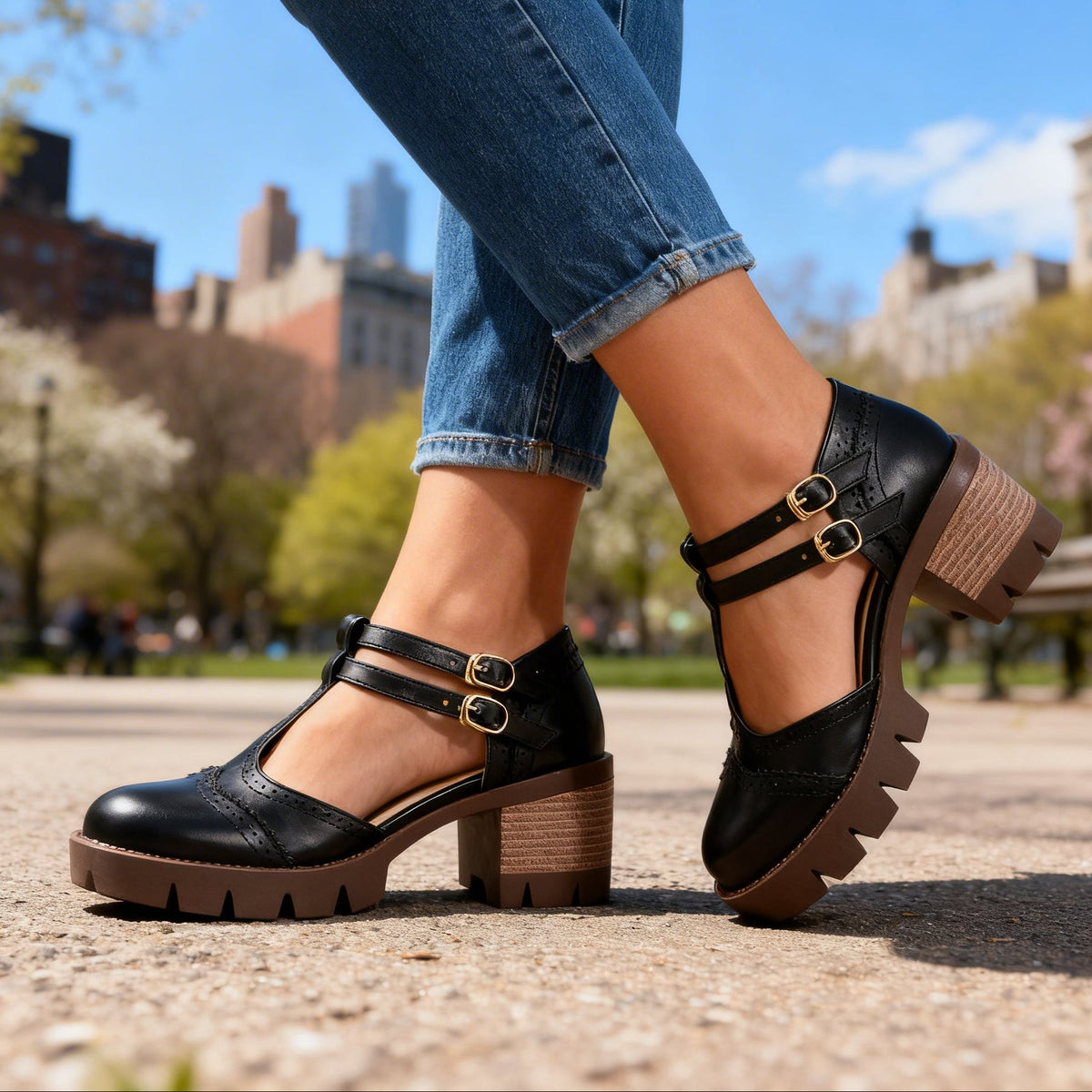 Sally | Women Brogue Platform Loafers With Twin Buckle Strap