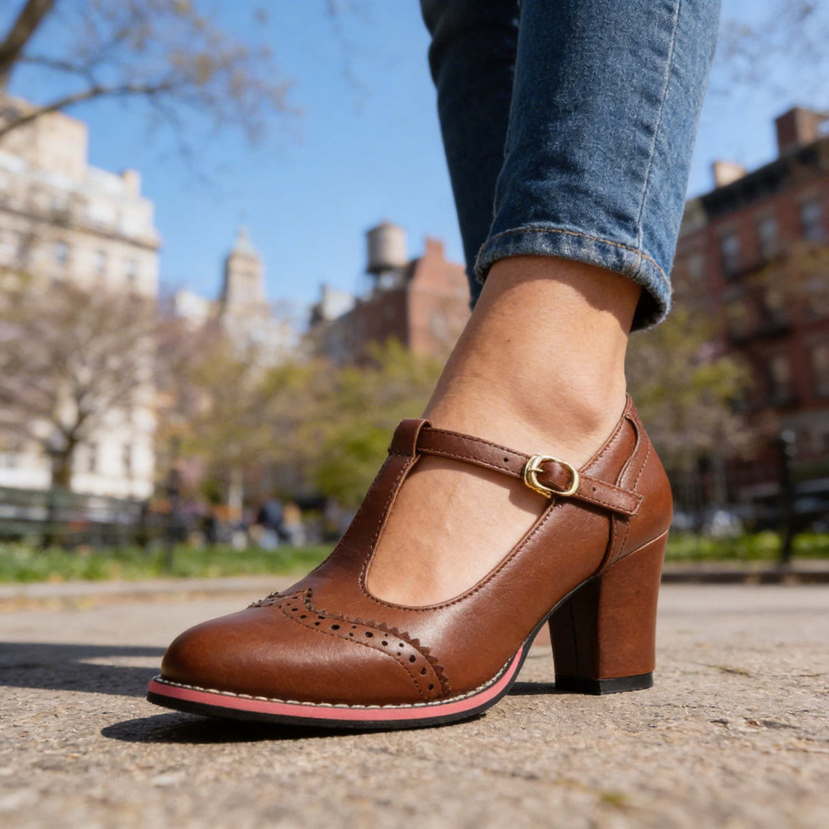 Abigail | Women Brogue T Strap Loafers With Block Heel
