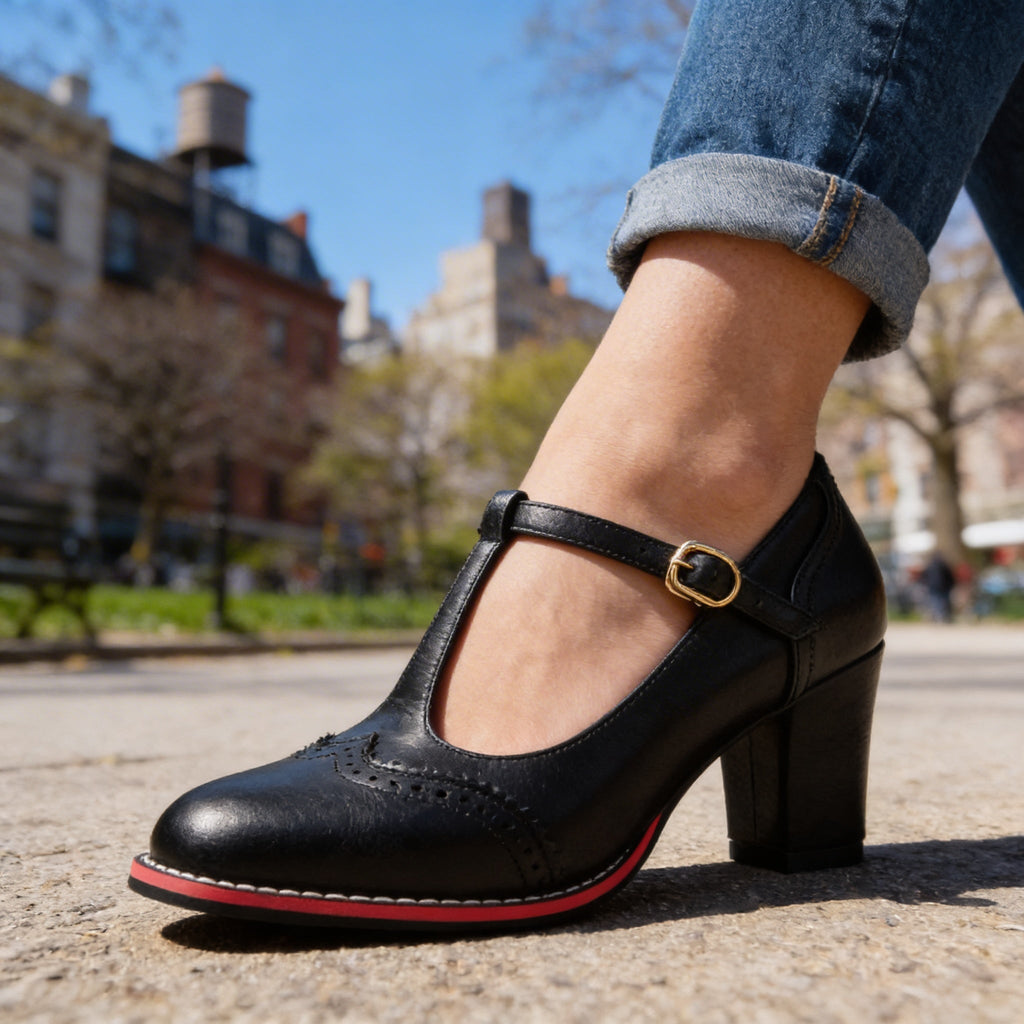 Abigail | Women Brogue T Strap Loafers With Block Heel