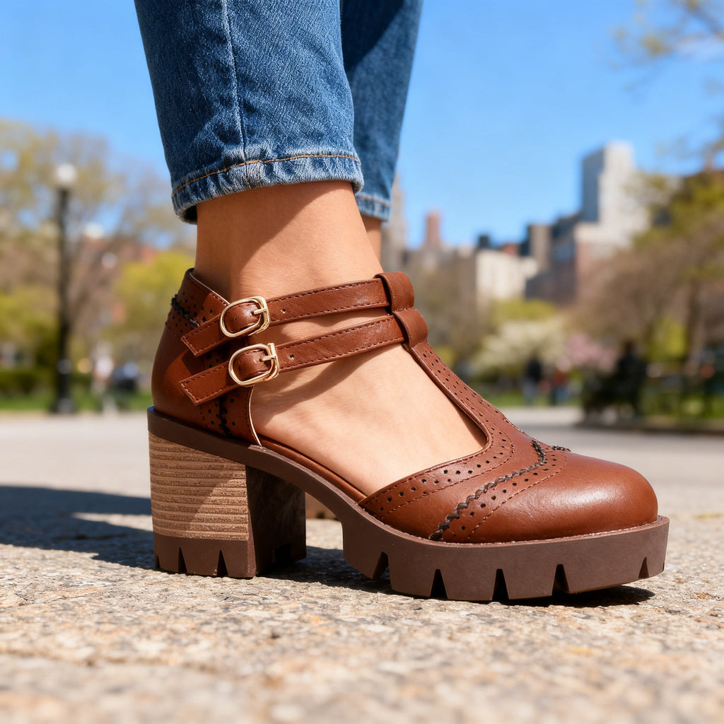 Sally | Women Brogue Platform Loafers With Twin Buckle Strap