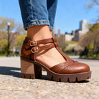 Sally | Women Brogue Platform Loafers With Twin Buckle Strap