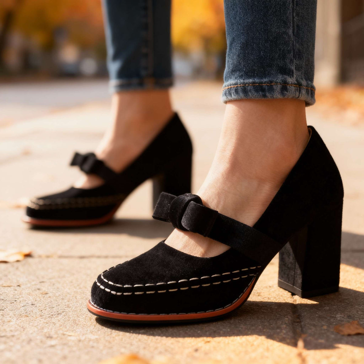 Alessia | Women Velvet Block Heel Loafers With Bow Detail