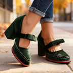 Alessia | Women Velvet Block Heel Loafers With Bow Detail
