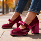 Alessia | Women Velvet Block Heel Loafers With Bow Detail