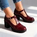 Daisy | Women Patent Brogue T Strap Loafers With Platform Sole