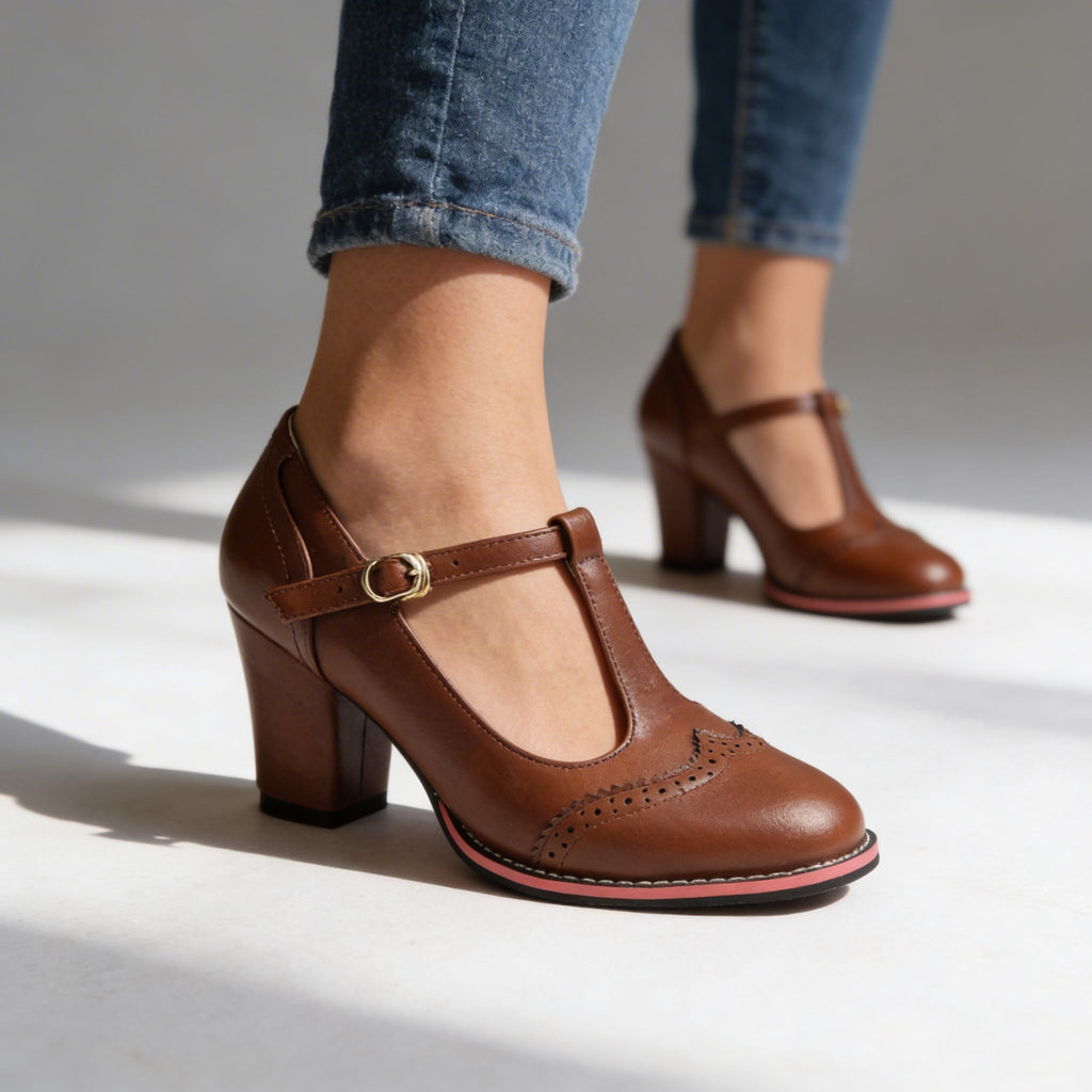 Abigail | Women Brogue T Strap Loafers With Block Heel