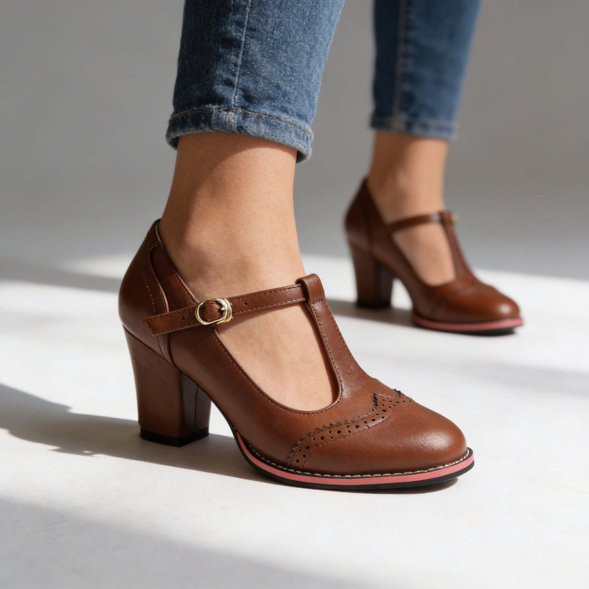 Abigail | Women Brogue T Strap Loafers With Block Heel